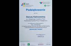 Podziękowanie dla p.o. Okręgowego Inspektora Pracy w Bydgoszczy Danuty Kalinowskiej